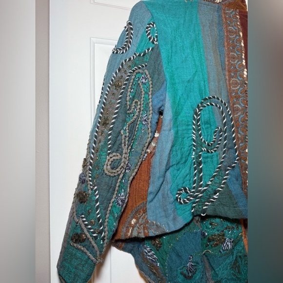 Anu By Natural Vintage Embroidered Boho Patchwork Jacket SMALL Fringe Wool Art - Picture 11 of 14